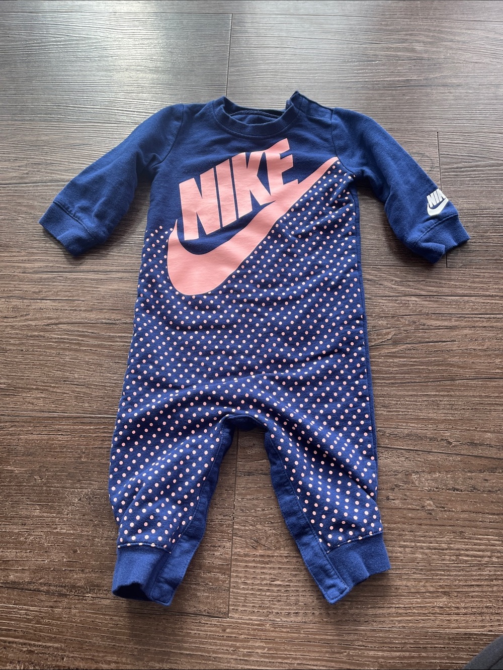 Nike Navy One-Piece with Pink Logo and Polka Dots Size 9 Months